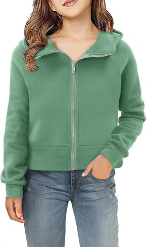 Yoklass Girls Zip Up Hoodie Croppred Sweatshirts Casual Long Sleeve Thumb Hole Jacket 4-13 Years in Kuwait