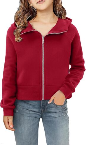 Yoklass Girls Zip Up Hoodie Croppred Sweatshirts Casual Long Sleeve Thumb Hole Jacket 4-13 Years in Kuwait