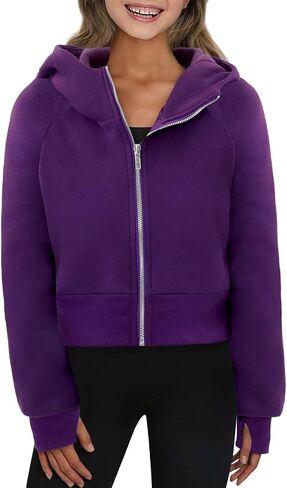 Yoklass Girls Zip Up Hoodie Croppred Sweatshirts Casual Long Sleeve Thumb Hole Jacket 4-13 Years in Kuwait