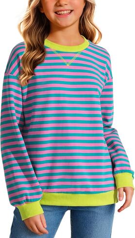KEREDA Girls Sweatshirt Loose Pullover Long Sleeve Tops Crew Neck Colorblocked Striped Clothes 7-14 Years in Saudi Arabia