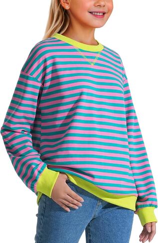 KEREDA Girls Sweatshirt Loose Pullover Long Sleeve Tops Crew Neck Colorblocked Striped Clothes 7-14 Years in Saudi Arabia