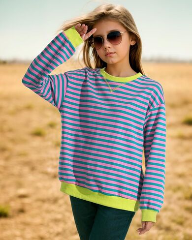 KEREDA Girls Sweatshirt Loose Pullover Long Sleeve Tops Crew Neck Colorblocked Striped Clothes 7-14 Years in Saudi Arabia