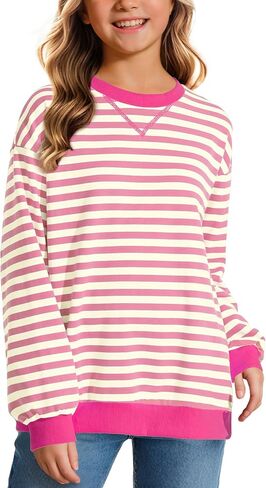 KEREDA Girls Sweatshirt Loose Pullover Long Sleeve Tops Crew Neck Colorblocked Striped Clothes 7-14 Years in Saudi Arabia