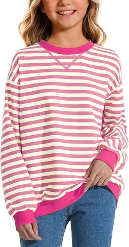 KEREDA Girls Sweatshirt Loose Pullover Long Sleeve Tops Crew Neck Colorblocked Striped Clothes 7-14 Years in Saudi Arabia