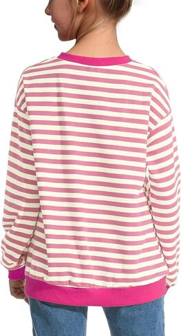 KEREDA Girls Sweatshirt Loose Pullover Long Sleeve Tops Crew Neck Colorblocked Striped Clothes 7-14 Years in Saudi Arabia