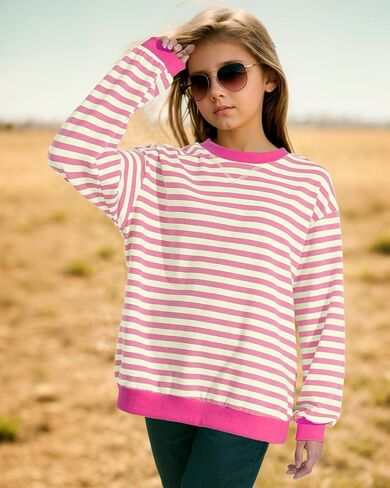 KEREDA Girls Sweatshirt Loose Pullover Long Sleeve Tops Crew Neck Colorblocked Striped Clothes 7-14 Years in Saudi Arabia