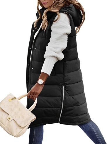 Long Puffer Vest Women Quilted Hooded Vest Zip Up Sleeveless Vests Outerwear Padded Jacket Warm Winter Coat 2024 in Kuwait