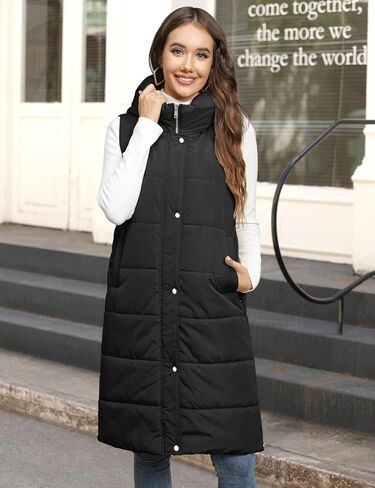 Long Puffer Vest Women Quilted Hooded Vest Zip Up Sleeveless Vests Outerwear Padded Jacket Warm Winter Coat 2024 in Kuwait