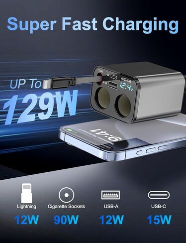 Retractable Car Charger 4 in 1, 100W Super Fast Phone Charger with Dual Retractable Cables for i Phone and Type C Compatible for i Phone 15/14/13/12 Pro Max XR,iPad,Galaxy S23/S22 and More in Saudi Arabia