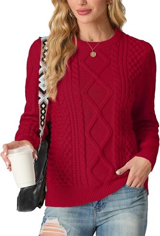 GRECERELLE Women's 2024 Fall & Winter Fashion Sweater Crewneck Long Sleeve Cable Knit Chunky Vintage Casual Pullover Tops in Kuwait