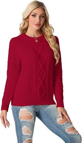 GRECERELLE Women's 2024 Fall & Winter Fashion Sweater Crewneck Long Sleeve Cable Knit Chunky Vintage Casual Pullover Tops in Kuwait