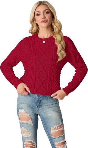 GRECERELLE Women's 2024 Fall & Winter Fashion Sweater Crewneck Long Sleeve Cable Knit Chunky Vintage Casual Pullover Tops in Kuwait