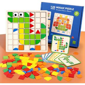 Mosaic Shape Wooden Pattern Blocks Puzzle, 120 PCS Wooden Pattern Blocks with 20 Pcs Design Cards,Kindergarten Classic Educational Geometric Shape Puzzle Toys for Kids Ages 4-8