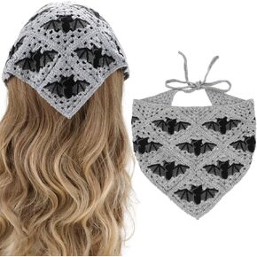 Gothic Crochet Headbands Bat Pattern Bandana for Women, Cotton Knit Triangle Headband Greyscale Halloween Style Head Scarf Vintage Crochet Hair Styling Decor