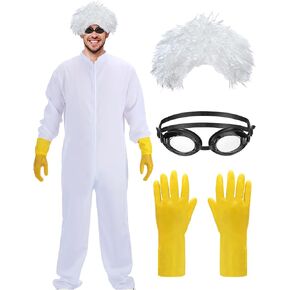 4 Pcs Halloween Back to the Future Costume for Men Emmett Brown Cosplay Set Doc Scientist Set includes All White Jumpsuit with Wig Goggles Gloves Dress Up