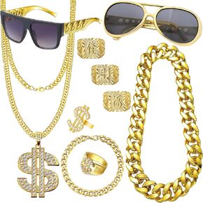 90s Hip Hop 80s Costumes Outfit Kit for Men Women Fake Gold Chain Necklace Dollar Sign Jewelry Rapper Accessories