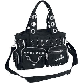 Lost Queen Goth Punk Rock Black Handbag with Handcuff Skull Charm