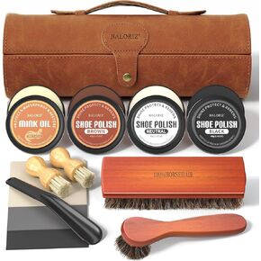 Shoe Shine Kit, 13PCS Shoe Polish & Care Kit with Leather Shoe Polish, Mink Oil, Brushes and More for Leather Boots Shoe Care and Cleaning as Gift for Men & Women