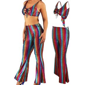 Zoestar Mermaid Costume Outfits Mermaid Bell Bottoms Pants Fish Scale Leggings with Crop Top Rave Pants for Women and Girls