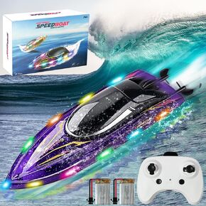 Remote Control Boat Toys-2.4GHz 20KPH with 2 Rechargeable Batteries-3 LED Light Modes 200 Feet RC Distance-Rechargeable Waterproof RC Boat-Best Pool Lake Water RC Boat for Kids Adults(Purple)