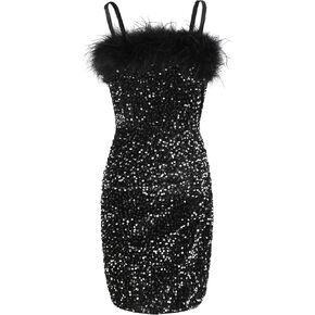 EXARUS Girls Sequin Spaghetti Strap Bodycon Velvet Dress Splice Furry Ruched Sparkle Party Dance Special Occasion
