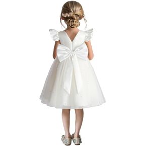 Satin Flower Girl Dress V-Back Ruffle Sleeve Dresses Girls Tulle Dress for Wedding First Communion with Bow-Knot
