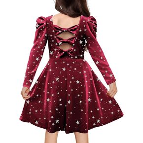 Arshiner Girls Dresses Long Sleeve Crew Neck Bow Back Velvet Formal Party Dresses with Pockets