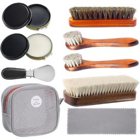 Shoe Shine Kit for both home and outdoor use ,10Pcs shoe polish kit ,4 Horsehair Shoe Brush, Black Shoe Polish and White Shoes Polish,ShoeHorn,2Polishing Cloth,Shoe Care Kit for Men and women.