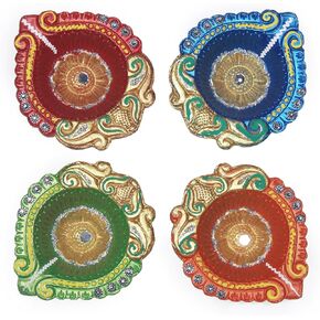 Handmade Terracoaat Set of 4 Multicolor Premium Deep Clay Diya for Diwali/Navratri Decorations Oil Lamp Diwali Clay Diya Tea Light Holder Indian Decor Festival Gifts Puja Items