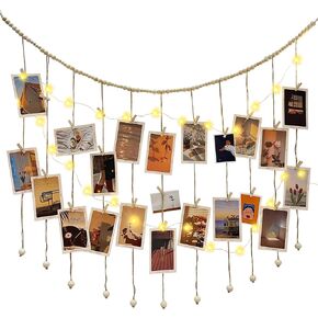 Hanging Photo Display with String Lights, Wooden Bead Garland with 40 Wood Clips, Boho Collage Photo Picture for Classroom, Bedroom, Office Wall Decor