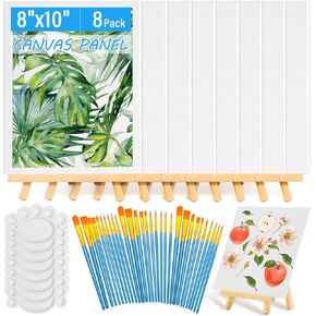 54 Pack Canvas with Easel Set 8 x 10 Inch Canvas Boards with Wooden Easels, Paint Brushes Canvas Panel Painting Kit for Acrylic Oil Watercolor Beginners Art Crafts Sip and Paint Party