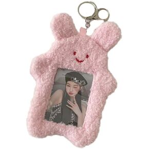 Pink Cute Plush Photocard Holder with Keychain, Cartoon Bear Rabbit Cat Photo Sleeve Cartoon Plush Photo Sleeve Protective Case Photo Albums, Cute Photocard Holder, Photo Album Accessories