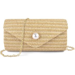 PACETAP Straw Clutch Purse for Women, Pearl Decoration Boho Crossbody Bags, Evening Clutch Purses Handbags for Wedding Party Cocktail Prom Dinner