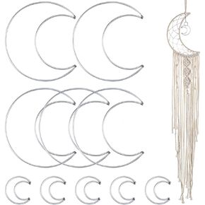 Enenes Dream Catcher Rings, 2 Sizes Metal Hoops, 10 PCS Moon Shaped Silver Macrame Hoops for DIY Crafts Wedding Wall Hanging Decor (Silver Moon)
