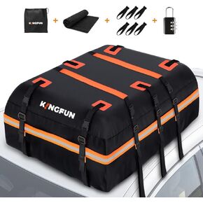 Kingfun Rooftop Cargo Carrier - Waterproof 20 Cubic Feet Car Roof Bag for All Vechicles with/Without Racks, Includes Anti-Slip Mat, 8 Reinforced Straps, 6 Door Hooks, Luggage Lock (Black)