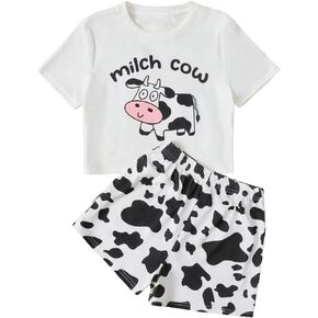 WDIRARA Girl's 2 Piece Set Graphic Cow Print Short Sleeve Tee Tops and Shorts Soft Casual Cute Set