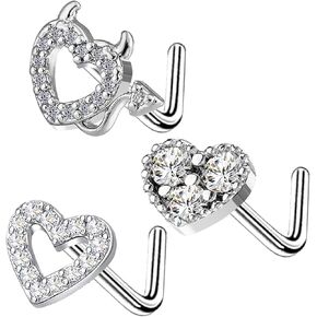 VERAMI 20G Nose Ring Studs 316L Heart Nose Rings Nose Studs Heart Nose Stud Surgical Steel CZ L-Shaped Body Piercing Jewelry