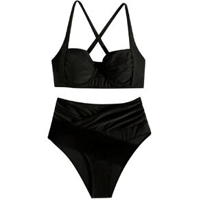 SweatyRocks Women's Criss Cross Underwire Bikini Set High Waist Ruched 2 Piece Bathing Suit Swimsuit Set