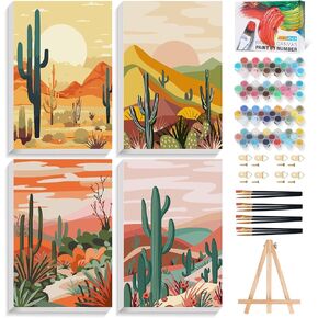 Offito 4 Pack Framed Paint by Numbers Kit for Adults Beginners with Wooden Easel, Landscape Easy Paint by Number Kit with Frame, Watercolor Adult Paint by Number Framed Canvas (8 * 12 Inch)