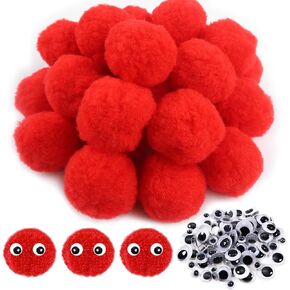 TOAOB 50pcs Large Pom Poms 2 Inch Red Craft Pom Poms Fuzzy Pompoms Balls with Googly Wiggle Eyes for DIY Crafts Projects Home Decorations