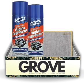 GROVE Gunk Engine Degreaser Spray 15 oz Bundle with Microfiber Cloth - Heavy Duty Engine Degreaser for Cars, Trucks, and Industrial Machinery - Keeps Engines Cool and Clean - (3 Items)