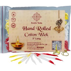 Premium Long Cotton Wick with Two Brass Wick Holder for Pooja Items, Luxury Organic Cotton Wicks for Puja Thali, Pooja Wick Set, 200 Pieces, Decorative and Clean-Burning