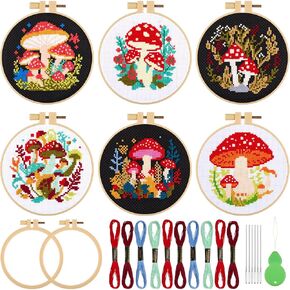 Juexica 6 Sets Mushroom Cross Stitch Kits for Beginners Mushroom DIY Embroidery Kits with Pattern and Instructions, 2 Embroidery Hoops, 6 Needles, Needle Threader, Threads Needlepoint Kits for Adults