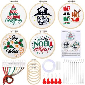 Zeyune 5 Sets Christmas Embroidery Kit for Beginners Nativity Scene Christmas Cross Stitch Sets Word Ornament DIY Needlepoint Kit with Instructions, Embroidery Hoops, Threads, Needles, Needle Threader