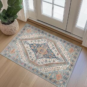 8x10 Area Rugs, Machine Washable Rug Non Slip Rubberback, Vintage Boho Bedroom Rug, Large Rug for Living Room, Playroom, Dining Room, Orange/Blue