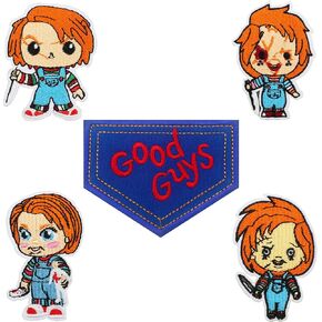 5 PCS Good Guys Patches for Chucky Costume Adult Women Adult Men Chucky Shirt Sweater Halloween Patches Good Guys Overalls Chucky Tattoos Temporary Halloween Tattoos - Iron On