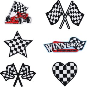 6 pcs Checkered Racing Flag Patches, Trucker Hat Appliques Embroidery Sewing Iron on Patches Set Car Racing Motorcycle Winner Racing Car Iron Patches for Jacket Vest Denim