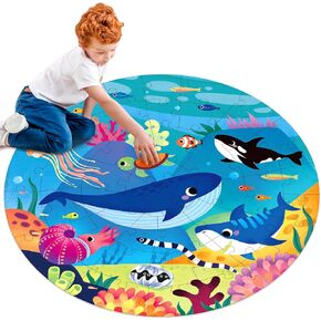 Floor Puzzles for Kids Ages 4-8, Ocean Animal Large 48 Piece Round Wooden Puzzles for Kids Ages 3-5, Educational Toys Wooden Jigsaw Puzzle for 6 7 8 Year Old