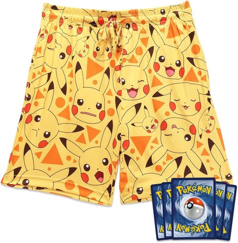 Pikachu Pajama Shorts for Boys, Men - Pokemon Shorts Boys Bundle Includes Adult Small Pikachu Pajama Shorts Plus Pokemon Trading Cards | Boys Pokemon Pajama Shorts in Saudi Arabia