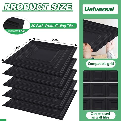 20 Pcs 2 x 2 ft PVC Plastic Drop Ceiling Tiles 24 x 24 x 0.8 Inch Ceiling Panels Decorative Ceiling Covering for Office Bathroom Living Room Bedroom (Black) in Saudi Arabia